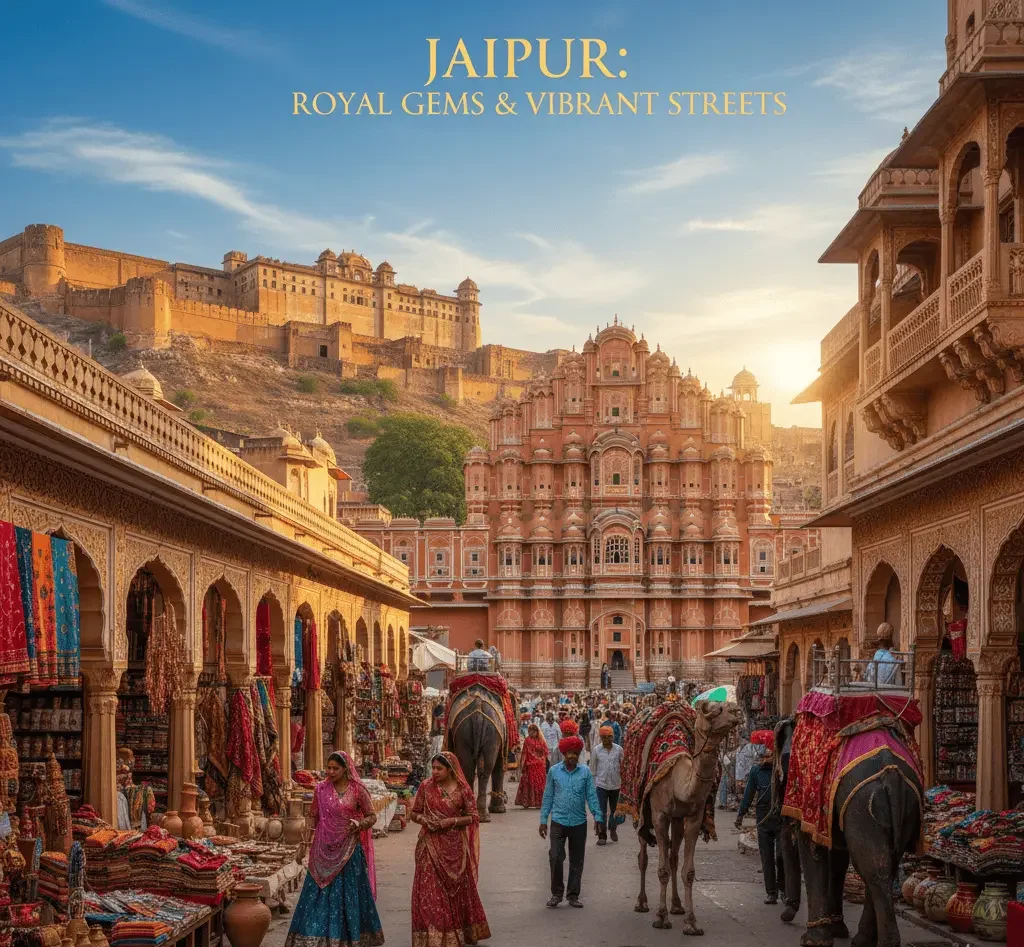 places to visit in Jaipur : Majestic Amer Fort overlooks a bustling Jaipur street with the pink Hawa Mahal glowing under sunset, flanked by colourful bazaars and camels.