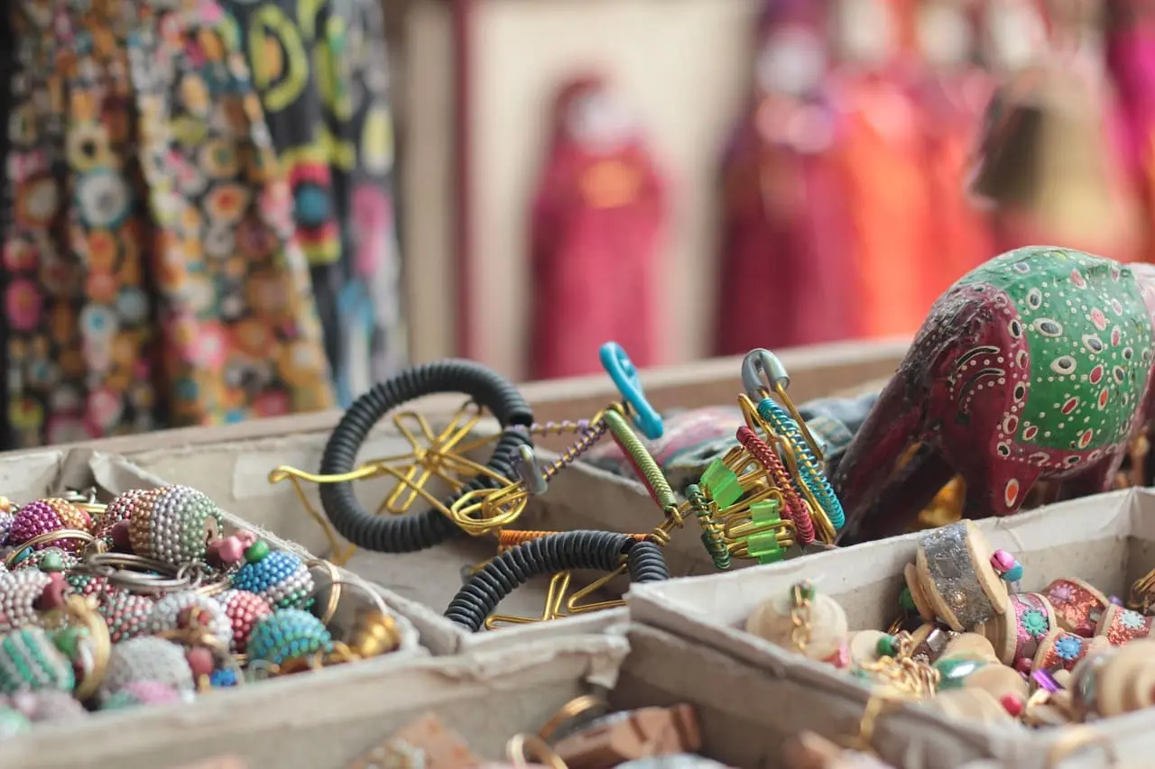 Indian traditional shopping bazaar showing jewellery on a stall